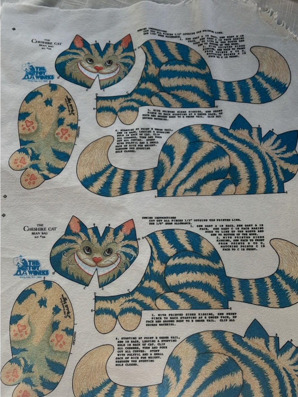The Cheshire Cat Fabric Panel - Blue & Cream Cat Sewing Craft Toy Work